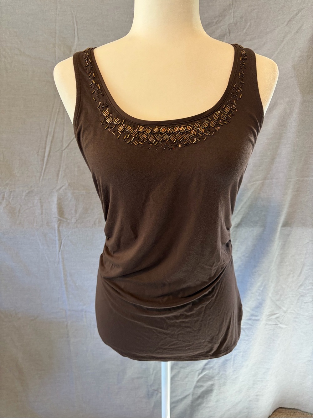 White House Black Market Brown Beaded Scoop Neck Tank